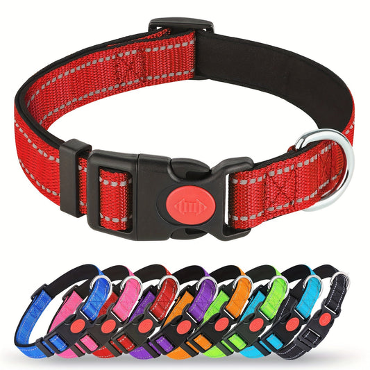 Collier pour chien réfléchissant avec boucle de sécurité verrouillable - Collier pour animal en nylon respirant, rembourré en néoprène doux et réglable pour chiens de petite, moyenne et grande taille, collier de sécurité haute visibilité nocturne