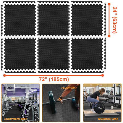Tapis de sol emboîtable en mousse EVA pour exercice, 2,2 m² (24 pi²), 6 dalles de 61 x 61 x 1,3 cm pour salle de sport, garage, maison, bureau, yoga, gymnastique, Pilates, noir