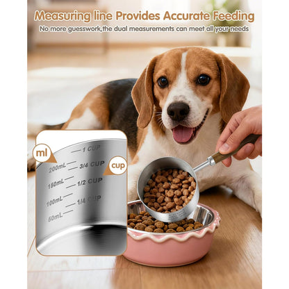 Pelle à croquettes en acier inoxydable, 1 tasse (250 ml), avec graduations et long manche - Doseur métallique pour nourriture pour chiens et chats - Pelle durable avec marquages en tasses et ml pour un contrôle précis des portions