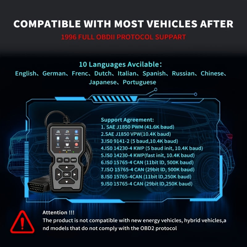 Outil de diagnostic OBD2, lecteur de codes défaut moteur universel avec fonction de réinitialisation, modes 6 & 8, test de préparation I/M – Compatible avec toutes les voitures, camions et SUV OBDII depuis 1996 – Gris