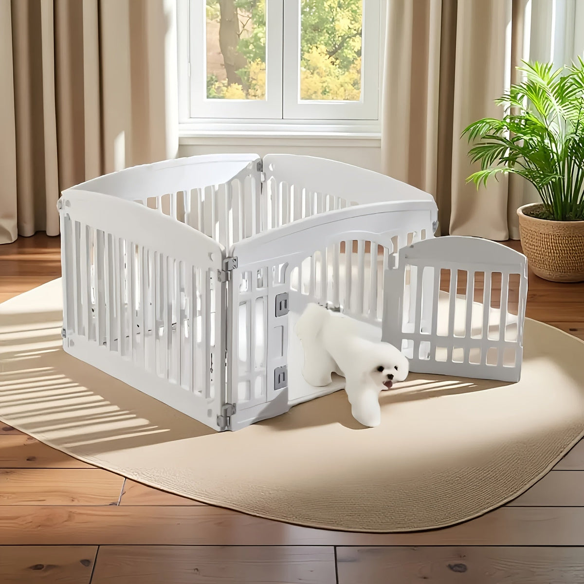 Parc pour chiens pliable à 4 ou 6 panneaux avec fond antidérapant, enclos portable pour chiots, intérieur et extérieur, avec porte à verrouillage de sécurité pour chiens de taille moyenne – Noir et blanc