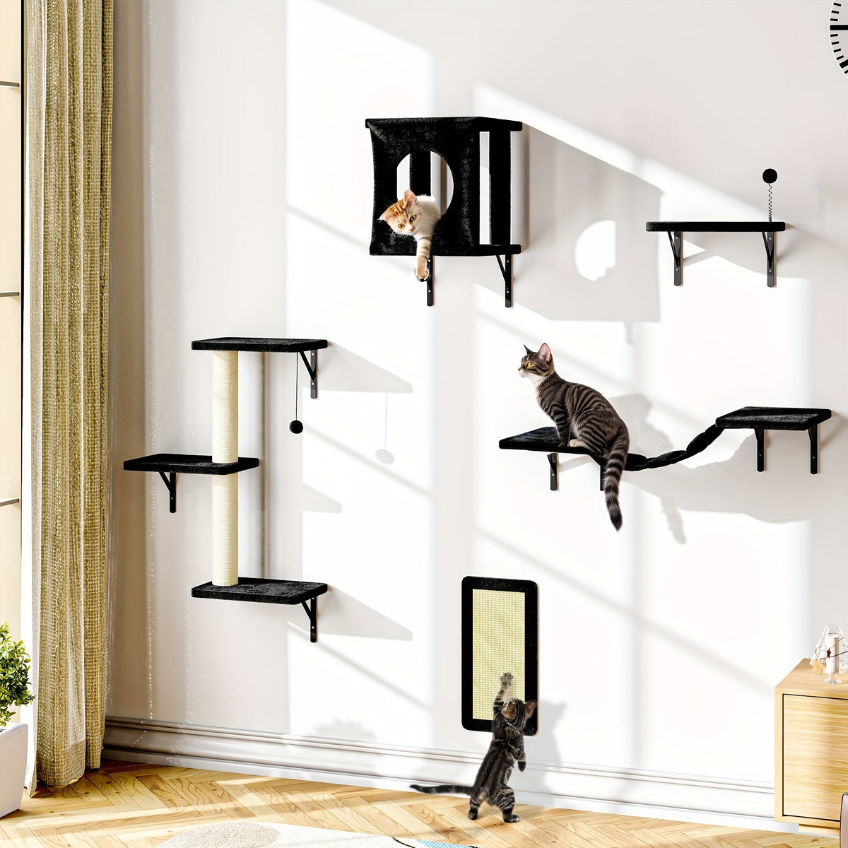 Ensemble de 5 étagères murales pour chats - Perchoir, grimpeur et pont flottants pour chats, mobilier moderne pour chats d'intérieur, alternative à l'arbre à chat avec plateforme de couchage, maison pour chat gain de place