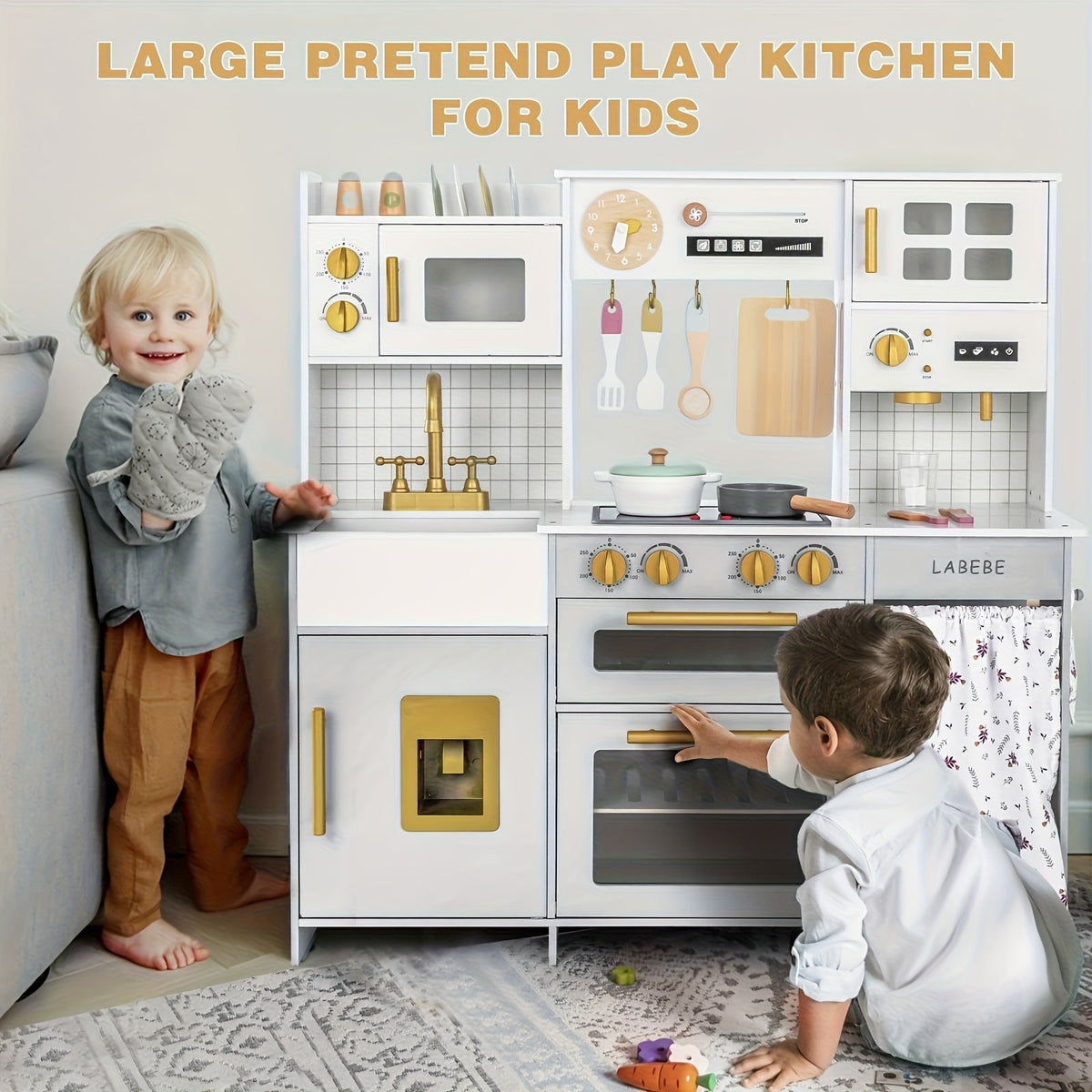 Cuisine jouet en bois pour enfants avec ustensiles et accessoires – Ensemble de cuisine réaliste avec lumières LED, sons, micro-ondes, évier et design spacieux de 95 cm pour garçons et filles de 3 à 8 ans