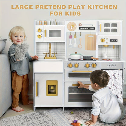 Cuisine jouet en bois pour enfants avec ustensiles et accessoires – Ensemble de cuisine réaliste avec lumières LED, sons, micro-ondes, évier et design spacieux de 95 cm pour garçons et filles de 3 à 8 ans