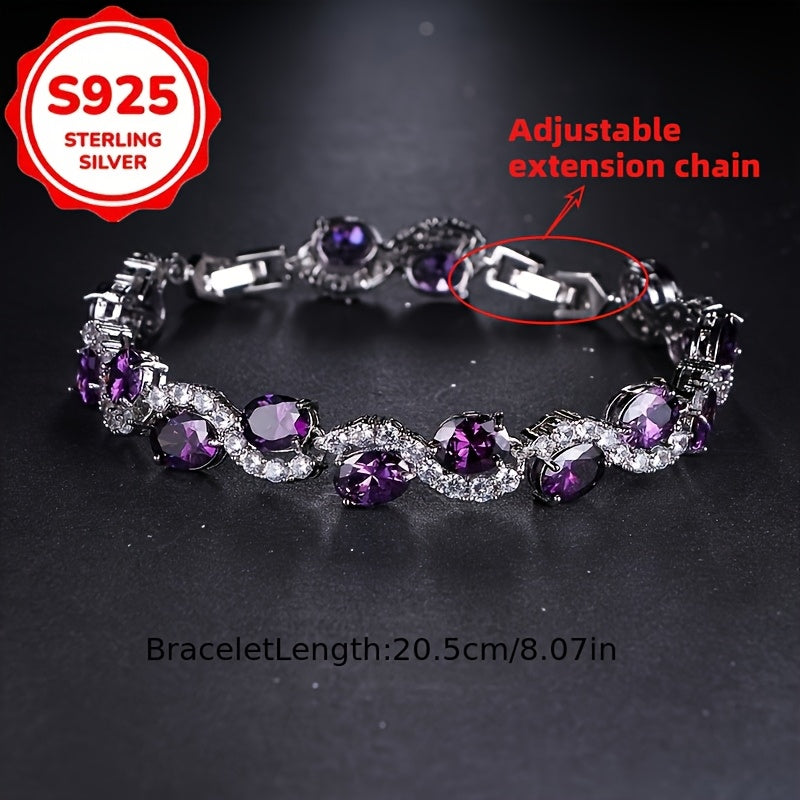 Bracelet chaîne en argent sterling 925 avec zircone cubique ovale violette pour femme – Bracelet de luxe étincelant en zircone cubique, cadeau de bijoux élégant pour anniversaire et fête