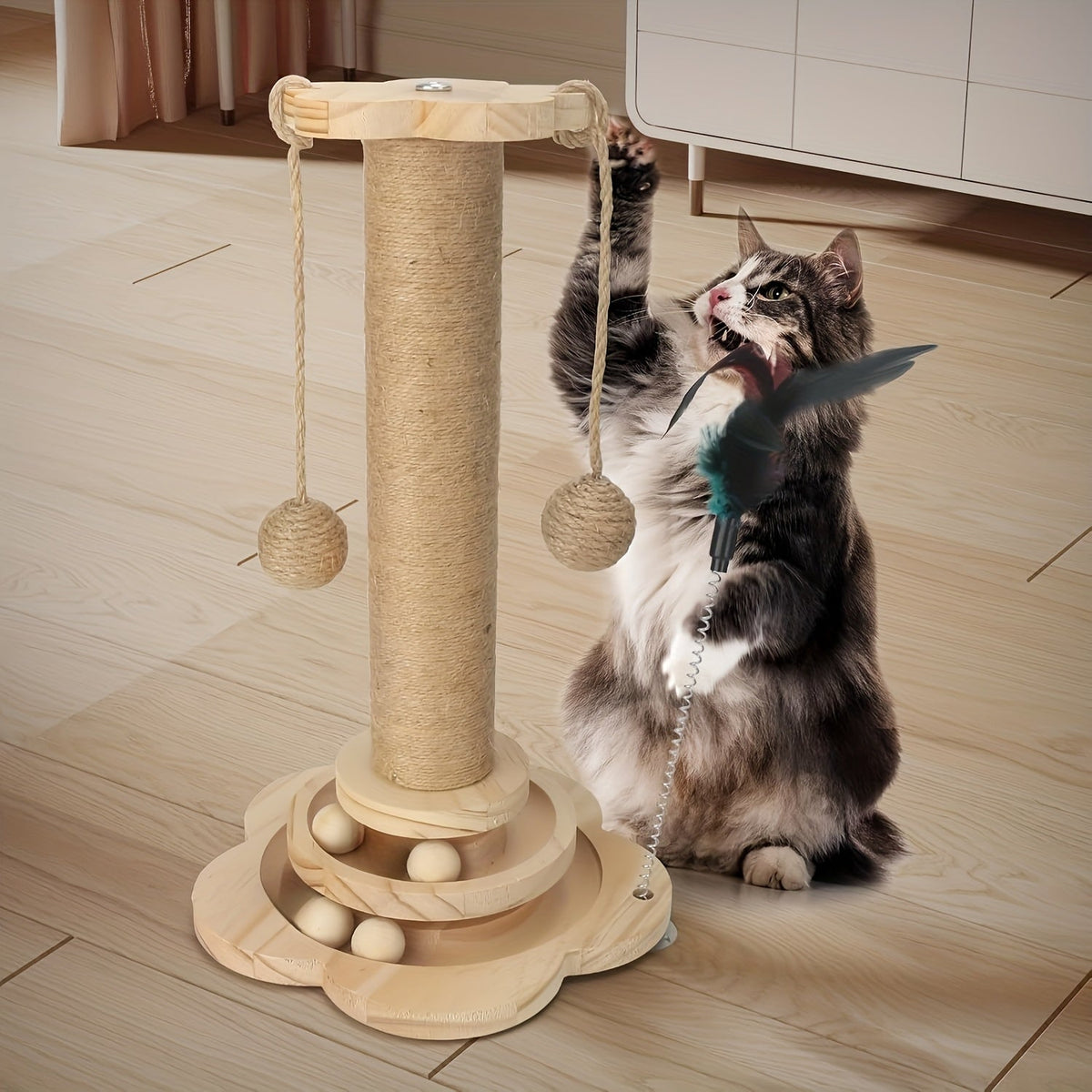 Arbre à chat en bois 5-en-1 avec griffoir pour chats d'intérieur, poteau en sisal, circuit à balles sur 2 niveaux, jouet interactif à plumes et balles suspendues, mobilier pour chatons et chats adultes