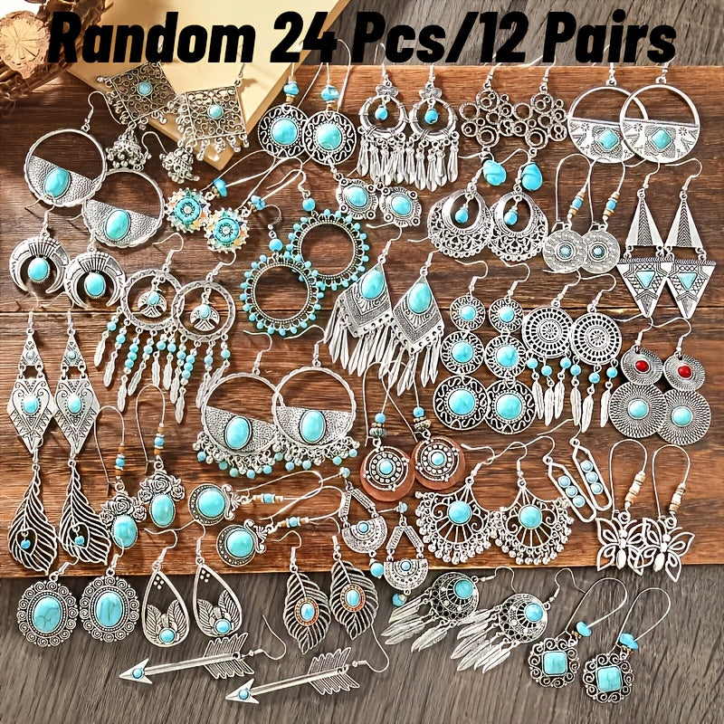 Lot de 12 paires de boucles d’oreilles pendantes bohèmes en turquoise pour femme – Boucles d’oreilles pendantes vintage feuilles et cœurs, cadeau idéal pour les fêtes, à porter au quotidien