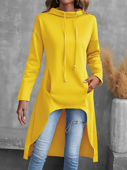 Sweat-shirt à capuche pour femme, coupe asymétrique, manches longues, cordon de serrage, couleur unie, haut à capuche décontracté, rouge, noir, bleu, gris, jaune, S-XXL