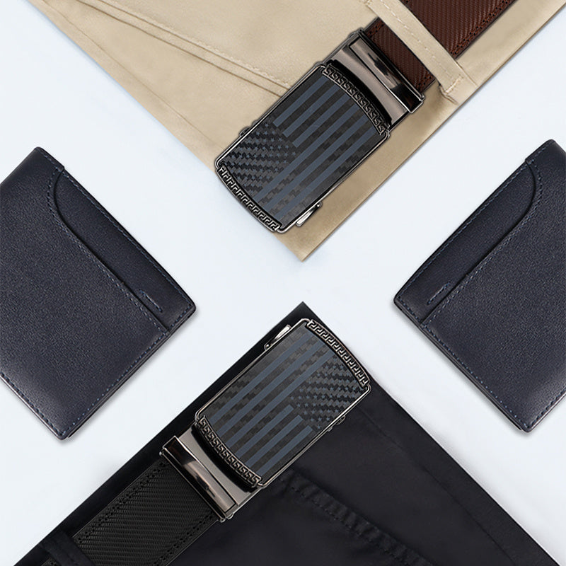 Lot de 2 ceintures à cliquet en cuir refendu pour homme – Motif drapeau américain avec boucle automatique en alliage, ceintures réglables style golf et décontracté en noir et marron, tailles 110 cm à 130 cm (tour de taille 76 cm-112 cm)