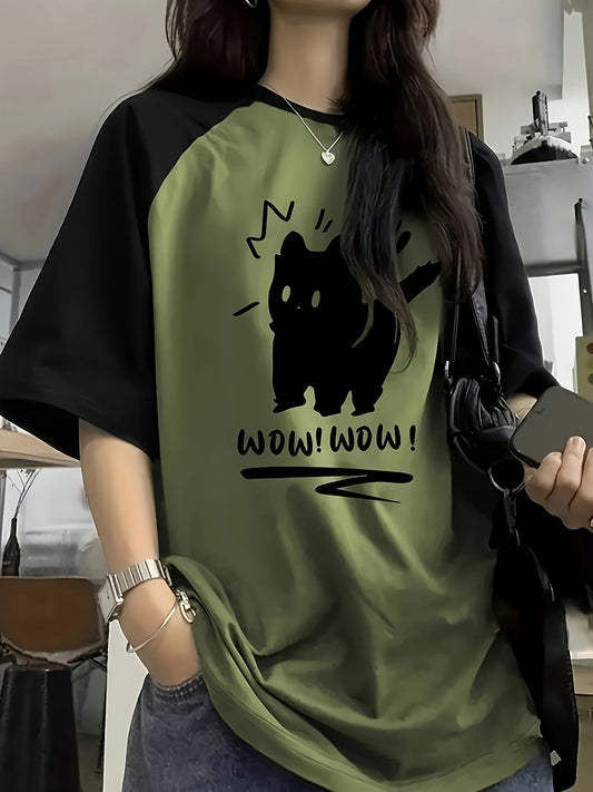 T-shirt femme style Y2K à manches raglan avec motif lettre chat mignon, col rond, haut décontracté extensible, vert olive, chameau, rouge, S M L XL XXL