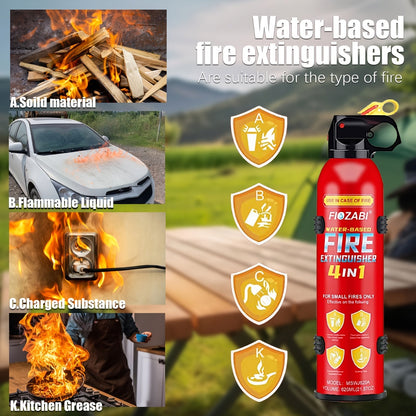 Spray extincteur portatif 4-en-1 à base d'eau avec support pour maison, voiture, cuisine, garage – Classé 0.5-A:21-B:C:5K – Pack de 1, 8 ou 24 bouteilles pour la sécurité de la famille et du véhicule