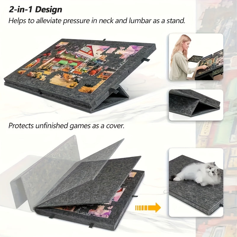Table de puzzle 1000 pièces, design inclinable 2-en-1 avec couvercle support et 6 tiroirs, plateau de puzzle ultra-léger et portable pour adultes, accessoire de puzzle ergonomique, cadeau pour les amateurs de puzzle – Naturel et Gris