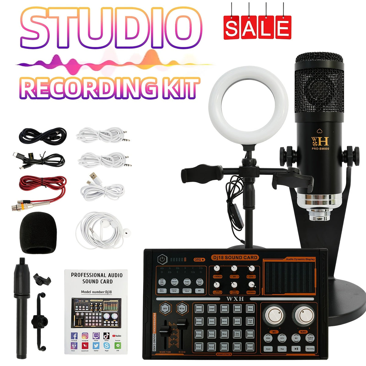 Kit d'enregistrement avec microphone à condensateur et carte son BM800 – Pack studio à domicile pour podcasting, streaming, voix off et musique, compatible avec PC, smartphone et tablette, plusieurs modèles disponibles
