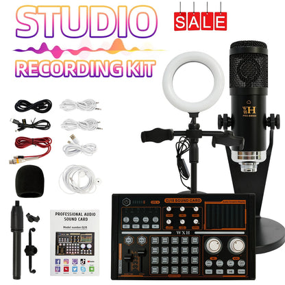 Kit d'enregistrement avec microphone à condensateur et carte son BM800 – Pack studio à domicile pour podcasting, streaming, voix off et musique, compatible avec PC, smartphone et tablette, plusieurs modèles disponibles
