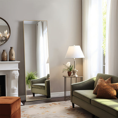 Miroir sur pied pleine longueur avec lumières LED - Sommet arqué et rectangulaire, cadre en aluminium, miroir habillage sur pied de 180 cm pour chambre et salon, noir or blanc, verre trempé de 5 mm