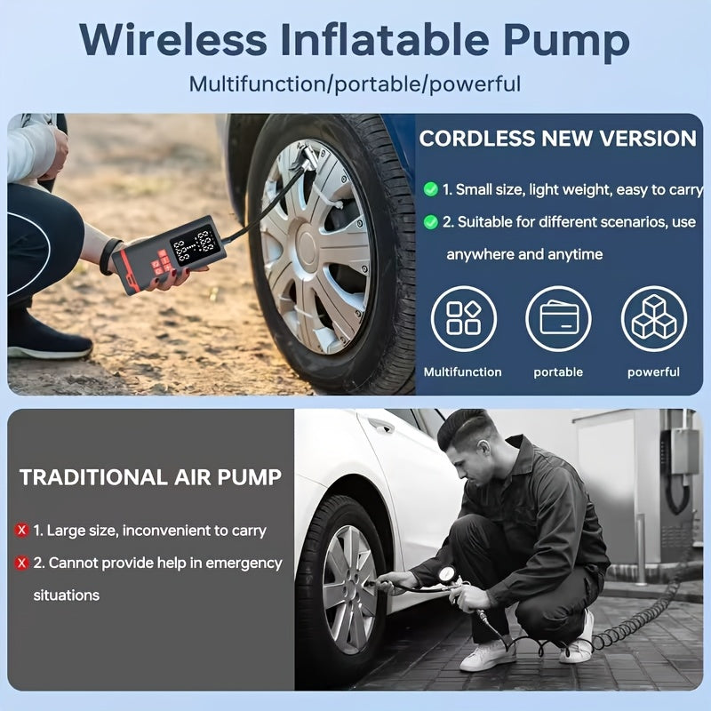 Compresseur d'air portable sans fil – Rechargeable par USB, affichage numérique, éclairage LED, adaptateurs multi-embouts, batterie au lithium, convient aux voitures, motos, vélos et ballons de sport