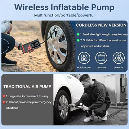Compresseur d'air portable sans fil – Rechargeable par USB, affichage numérique, éclairage LED, adaptateurs multi-embouts, batterie au lithium, convient aux voitures, motos, vélos et ballons de sport
