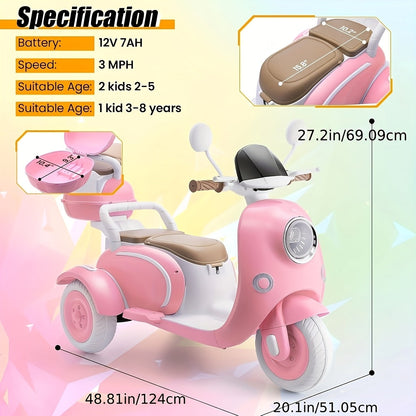 12V Kids Ride-On Motorcycle 3-Wheel Moped 2-Seater Electric Car with Dual Motor, Horn, LED Lights, Large Storage Box – Battery Powered Bike for Boys Girls Ages 3-8, Best Christmas Birthday Gift