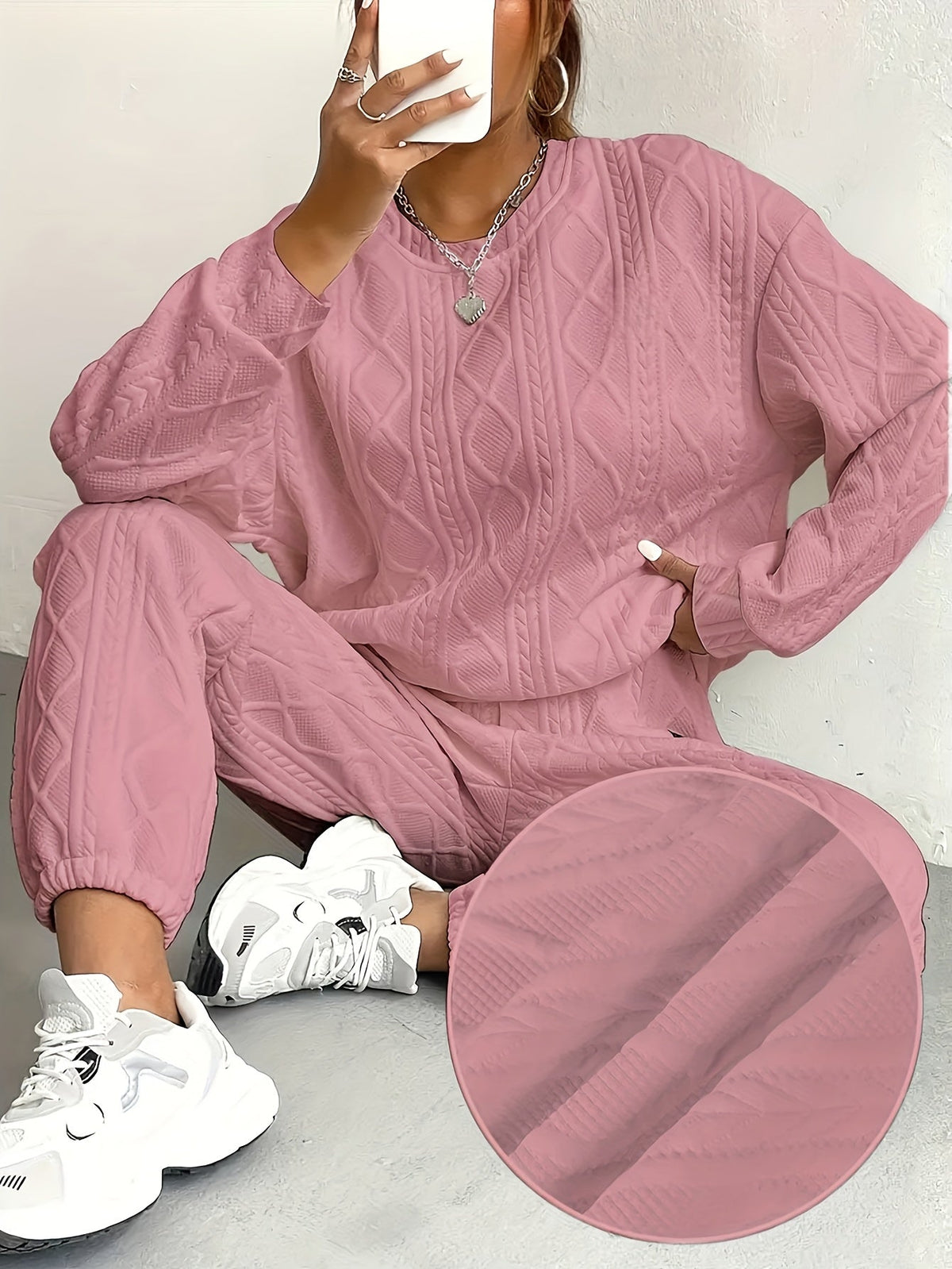 Ensemble survêtement 2 pièces pour femme – Haut à manches longues et col rond en jacquard texturé et pantalon de jogging, tenue de détente décontractée et respirante pour le printemps et l'été S-XXL