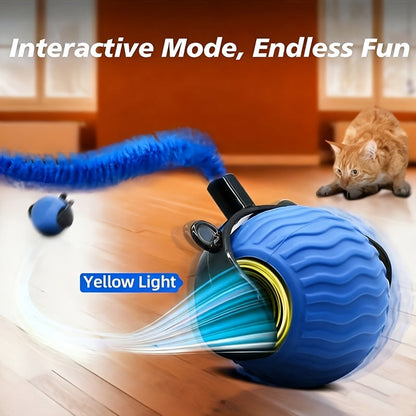 Jouet pour chat à balle roulante automatique, interactif à 360 degrés avec queue, double réglage de vitesse, anti-ennui pour chats d'intérieur, bleu orange