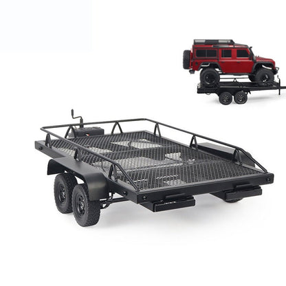 Remorque plateau en métal à double essieu à l'échelle 1/10 pour crawler RC – Compatible avec TRX4, KM2, SCX10, RC4WD, D90, longueur totale de 815 mm, capacité de charge de 50 kg+, accessoire de simulation pour voiture RC