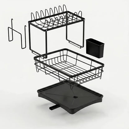 Égouttoir à vaisselle à 2 niveaux pour comptoir de cuisine avec plateau d'égouttage, tapis de drainage, porte-couteaux, porte-fourchettes, porte-gobelets, organisateur d'ustensiles, accessoire de cuisine, cadeau pour femme pour la fête des mères