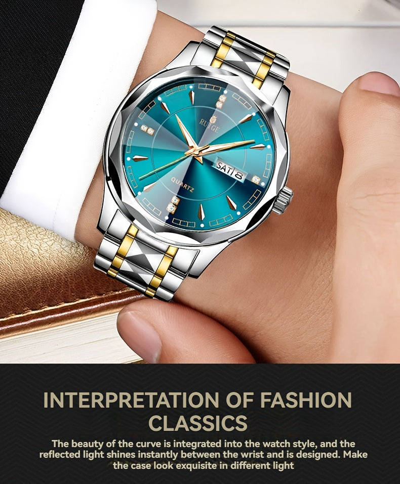 Montre à quartz pour homme RUIGE – Veilleuse, double calendrier, cadran à facettes façon diamant, boîtier en acier inoxydable, bracelet en alliage, montre-bracelet business décontracté, cadeau idéal pour la fête des pères