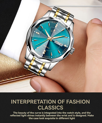 Montre à quartz pour homme RUIGE – Veilleuse, double calendrier, cadran à facettes façon diamant, boîtier en acier inoxydable, bracelet en alliage, montre-bracelet business décontracté, cadeau idéal pour la fête des pères