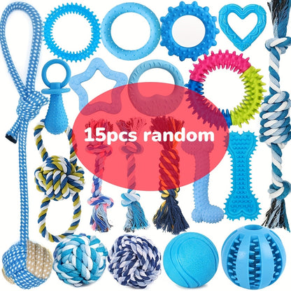 Lot de 5, 10 ou 15 jouets à mâcher pour chien – Assortiment de jouets de dentition pour chiots avec cordes à nœuds, balles et anneaux à picots, ensemble de mastication et de divertissement interactif pour petits chiens, styles et couleurs aléatoires