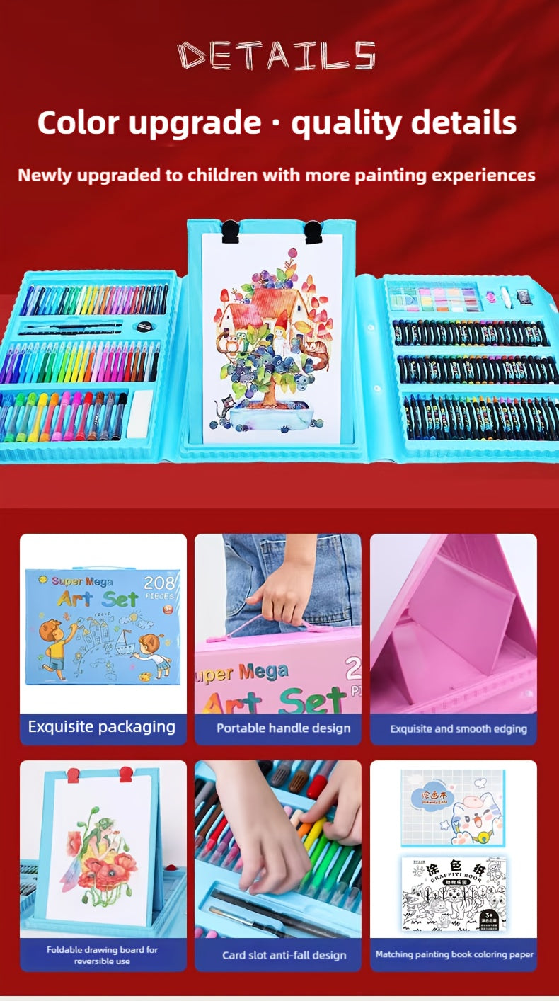 Kit de dessin et peinture pour enfants de 228 pièces avec chevalet, kit complet pour débutants de 3 à 12 ans, inclut carnet de croquis, livre de coloriage, marqueurs acryliques, feutres aquarellables, pastels à l'huile, crayons de couleur et gomme
