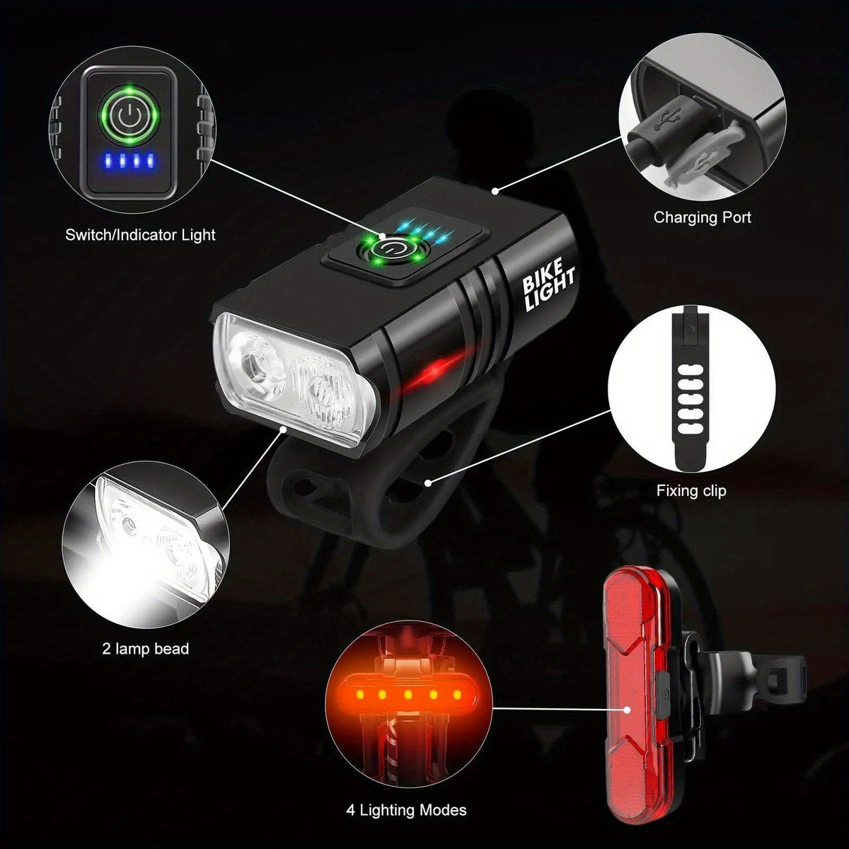 Ensemble de lumières de vélo LED rechargeables USB-C 1500 lumens – Feux avant et arrière pour vélo, 6+4 modes, étanches, indicateur de charge, charge rapide, éclairage de sécurité nocturne pour vélo de route et VTT