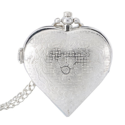 Collier montre à gousset rétro en forme de cœur pour femme – Bijou vintage argenté à quartz avec pendentif ajouré, chaîne de pull, cadeau pour femme