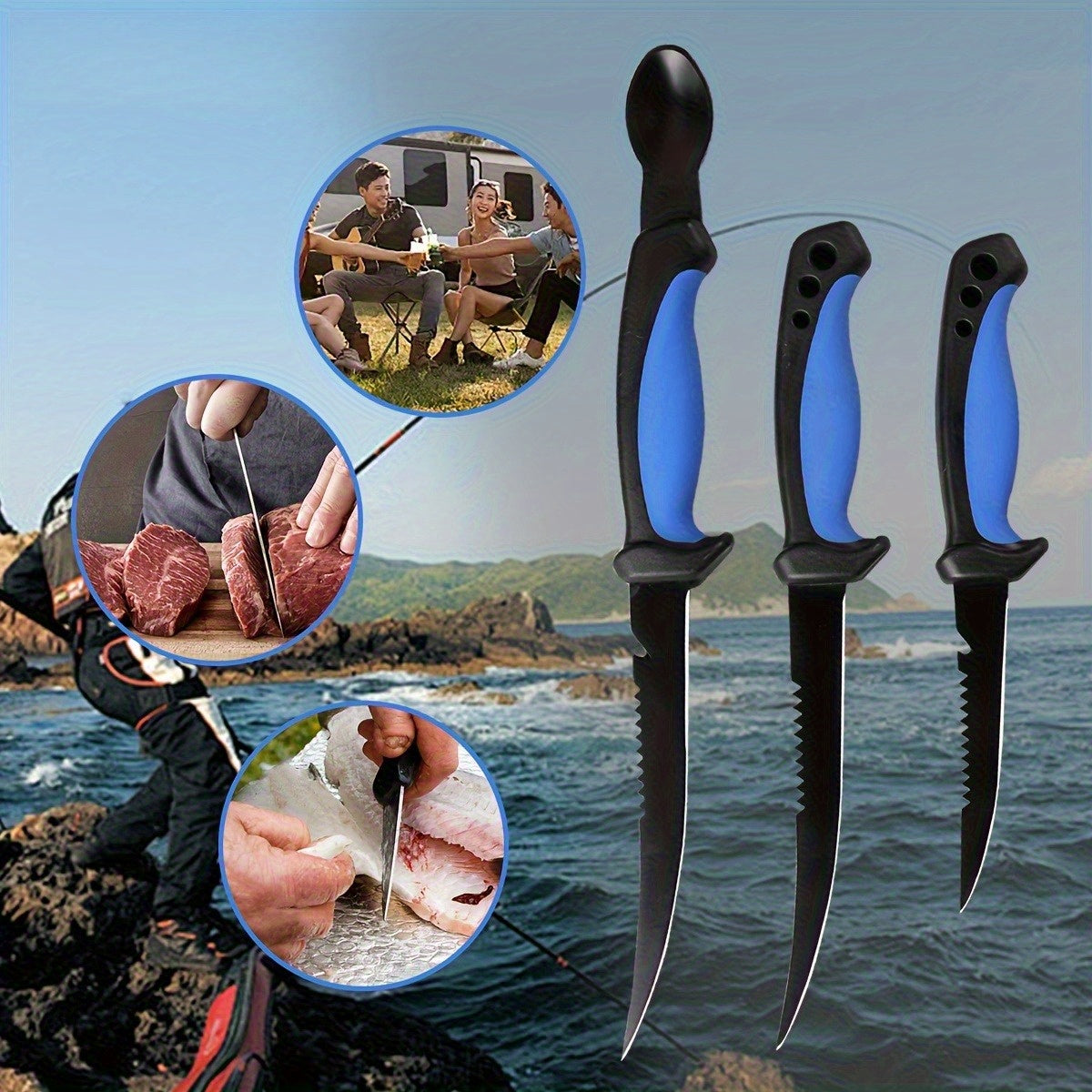 Ensemble de 3 couteaux de pêche avec lames en acier inoxydable, couteaux à fileter, désosser et vider avec gants résistants aux coupures, coupe-fil de pêche et cordon – Cadeau de pêche unique pour pêcheurs et campeurs