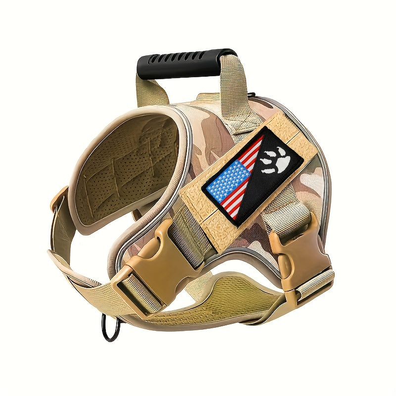 Harnais tactique pour chien avec écusson à scratch – Gilet de dressage militaire réglable anti-traction pour petits, moyens et grands chiens, harnais de travail en extérieur camouflage et kaki, tailles S, M, L, XL