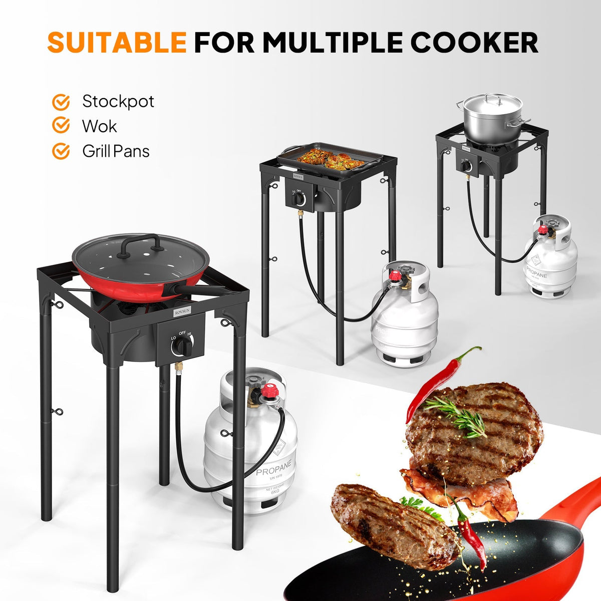 Réchaud à propane haute pression 100 000 - 225 000 BTU - Réchaud de camping extérieur robuste en fonte avec pieds détachables, régulateur certifié CSA, 1 ou 3 brûleurs pour le camping, les fêtes d'avant-match et le brassage