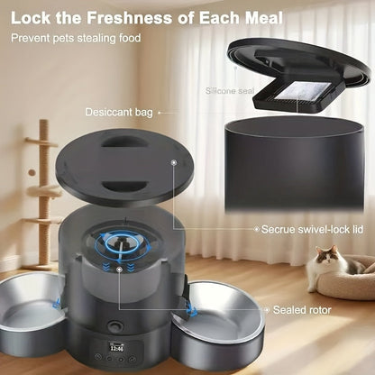 Distributeur automatique de nourriture pour chat 3L à double gamelle – Distributeur de croquettes programmable avec contrôle des portions 3L (102,5 oz) pour chats et chiens, 1 à 6 repas par jour, système anti-bourrage, fonctionne sur piles, noir