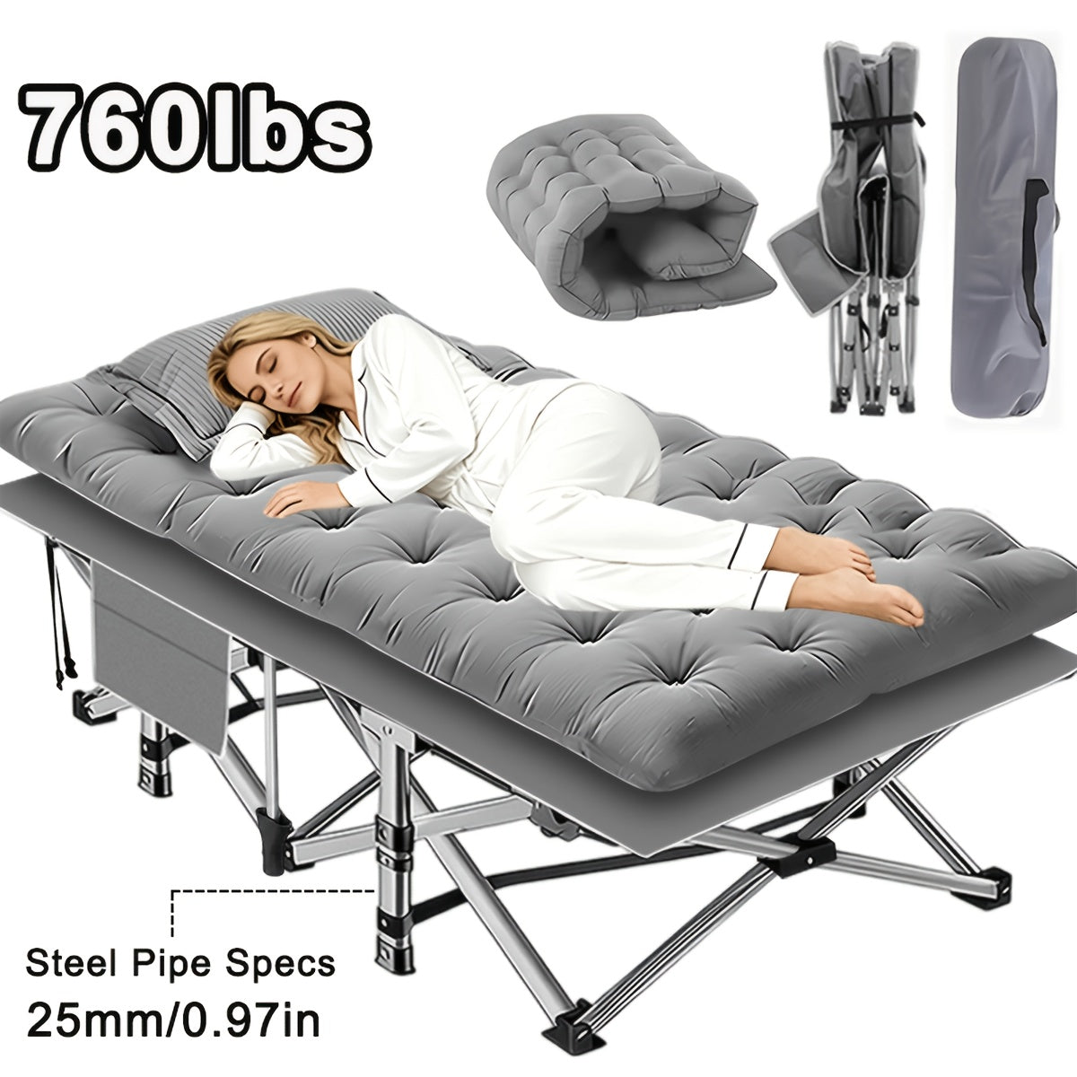 Lit de camping pliant avec matelas et poches latérales – Lit de camp portable robuste pour adultes, lit d'appoint pliable pour le camping, l'extérieur, la terrasse, le bureau ou la chambre d'amis