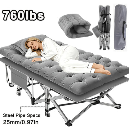 Lit de camping pliant avec matelas et poches latérales – Lit de camp portable robuste pour adultes, lit d'appoint pliable pour le camping, l'extérieur, la terrasse, le bureau ou la chambre d'amis
