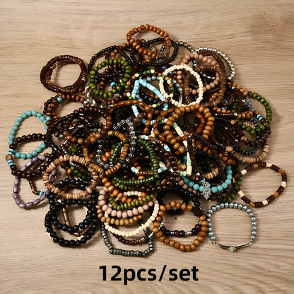 Ensemble de bracelets bohèmes en perles de bois – Bracelets élastiques empilables avec breloques tortue, croix, feuille et plume, couleurs assorties, au choix par 12, 24, 47 ou 87 pièces – Parfait pour un usage quotidien et offrir en cadeau