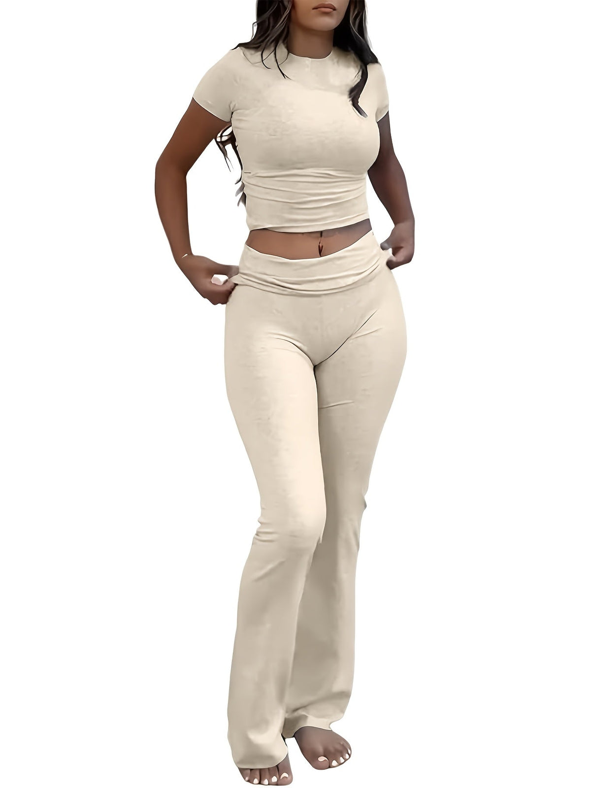 Ensemble deux pièces pour femme - T-shirt ajusté à manches courtes et col rond & pantalon moulant à pattes d'eph, tenue décontractée unie pour le quotidien, tailles XS-XL