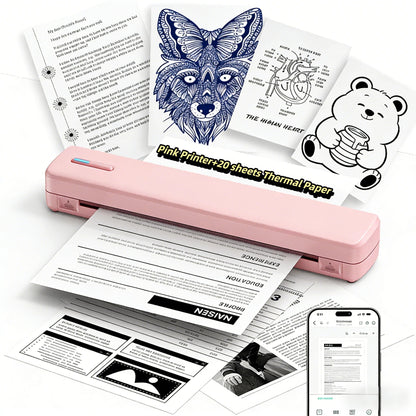 Imprimante thermique portable sans fil A4 sans encre – Imprimante de voyage compacte pour iPhone, Android et ordinateur portable – Compatible avec papier plié, rouleau et papier transfert de tatouage – Maison, bureau, école