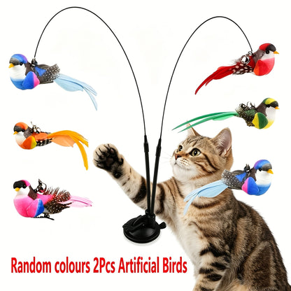 Jouet interactif pour chat plume et oiseau avec base à ventouse – Baguette pour chat mains libres à double tige, jouet pour chat intérieur et extérieur sans pile, polyester non toxique, 2 oiseaux artificiels inclus, couleurs assorties