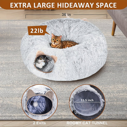 Tunnel pour chat avec lit et trou d'observation – Jouet d'intérieur en peluche douce, cachette multifonctionnelle et parc d'attractions pour chats, chatons et lapins, inclut un foulard pour animal de compagnie, tailles petit, moyen et grand