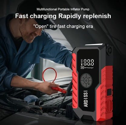 Démarreur de batterie portable 5000A avec compresseur d'air 150 PSI – Booster de batterie tout-en-un 10000mAh, port Type-C, lampe LED pour voitures essence et diesel 12V, camions, SUV et motos
