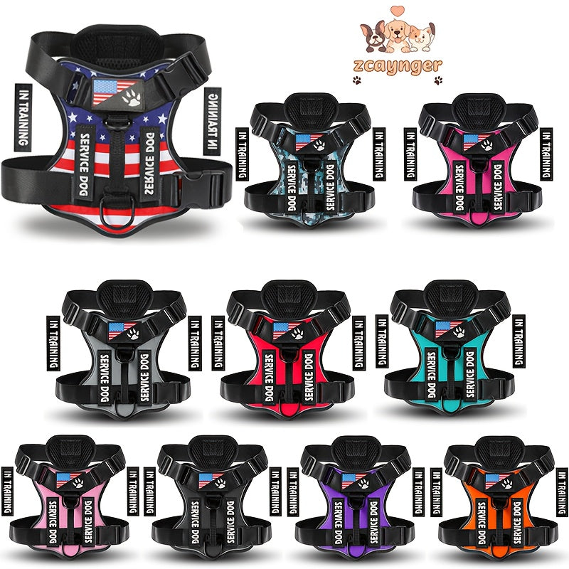 Harnais anti-traction pour chien avec gilet réfléchissant et 5 écussons – Harnais de service réglable en maille Oxford souple, avec attaches avant et arrière pour chiens de petite, moyenne et grande taille, de XS à XL