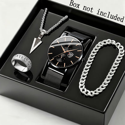 Coffret cadeau montre à quartz et bracelet pour homme, 4 pièces - Montre élégante à boîtier en alliage et cadran rond, style sport, décontracté et professionnel, avec bracelet assorti pour le quotidien, les anniversaires et les fêtes.