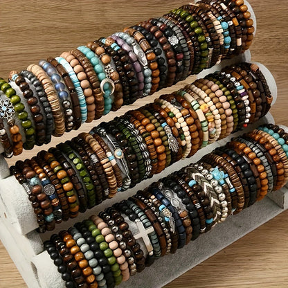 Lot de 36 bracelets à perles en bois style bohème pour femmes et hommes – Faits main, style vintage avec breloques en alliage de zinc, lot de bijoux en gros pour cadeaux et fêtes