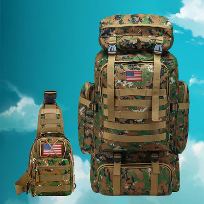 Ensemble tactique 2 pièces : Sac à dos et sac de poitrine - Sac d'assaut 80 L pour 3 jours pour homme, sac à dos militaire en polyester avec système MOLLE pour la randonnée, le camping, la chasse, les voyages et les sports de plein air