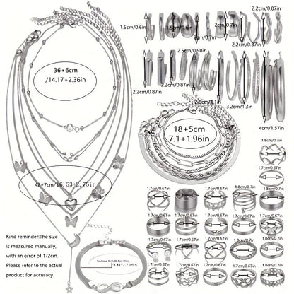 Ensemble de 57 bijoux bohèmes pour femme - Bracelets, bagues, bracelets de cheville, boucles d'oreilles et colliers, accessoires élégants en superposition dorés et argentés pour le quotidien, les vacances, la plage, les festivals et comme cadeau