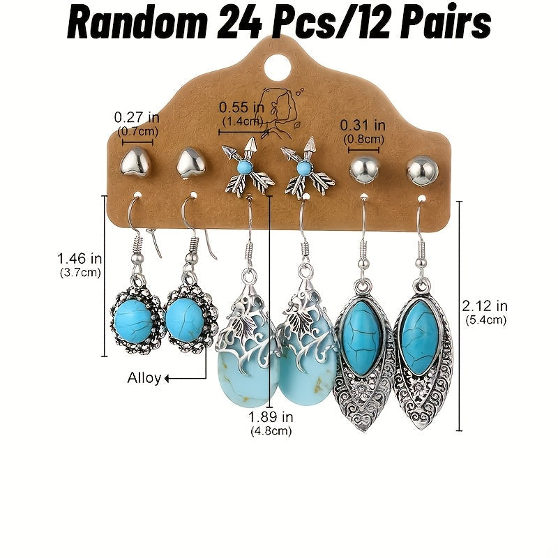 Lot de 12 paires de boucles d’oreilles pendantes bohèmes en turquoise pour femme – Boucles d’oreilles pendantes vintage feuilles et cœurs, cadeau idéal pour les fêtes, à porter au quotidien